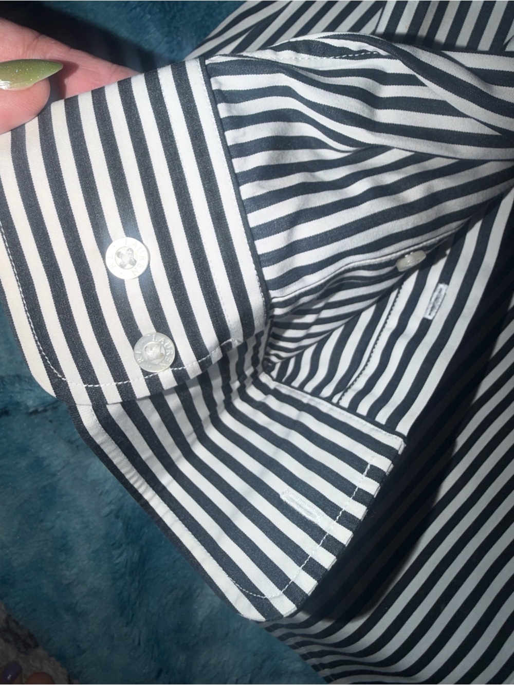 Women’s Ralph Lauren Black and White Striped Button-Down Shirt with Crest - Picture 5 of 9